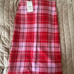 Zara Red and Pink Plaid Pencil Skirt NWT